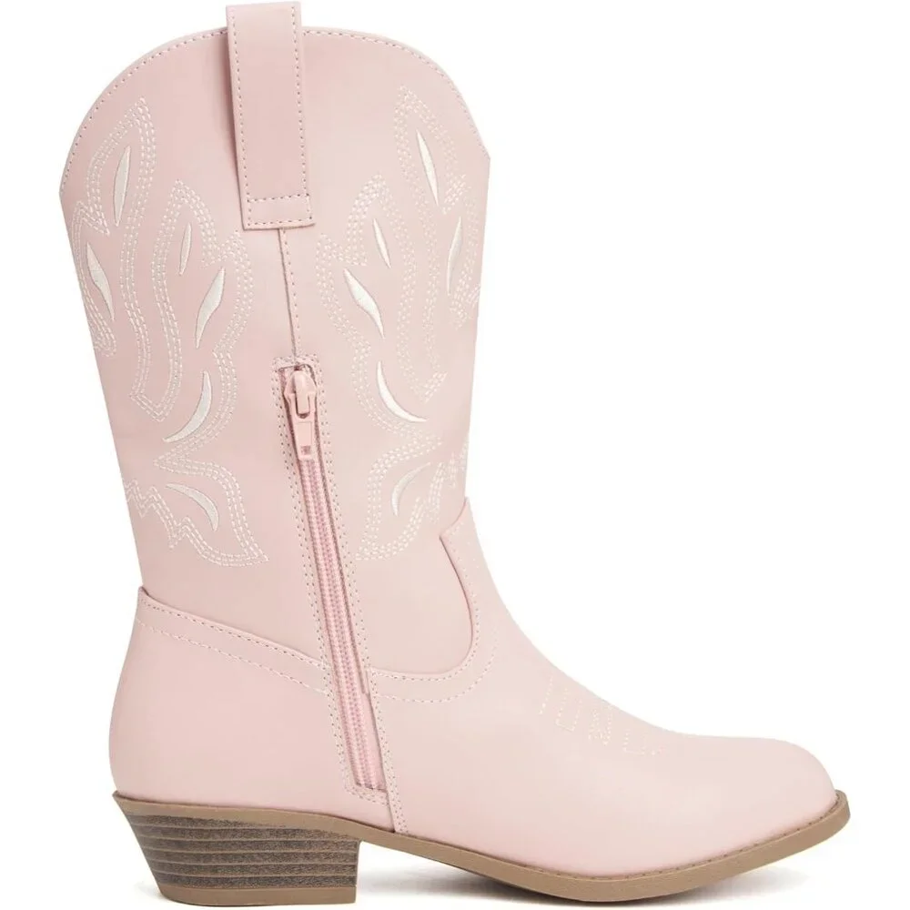 ⚡Kids Pink Polyurethane Cowboy Pointed Toe Mid-Calf Embroidered Side Zipper Boot